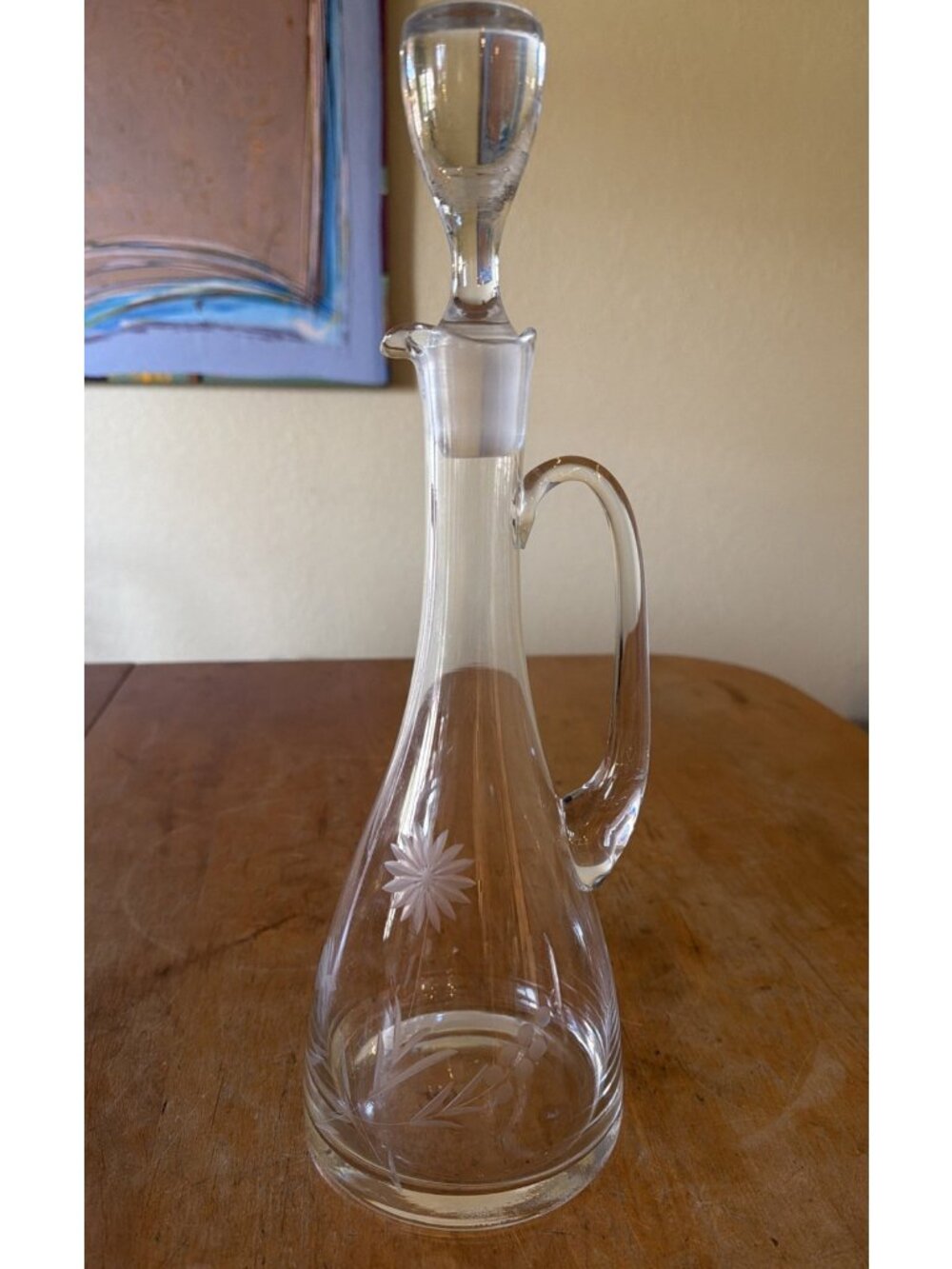 Tall Glass Wine Decanter Etched Flowers w/ Tall Stopper and Handle Round Clear